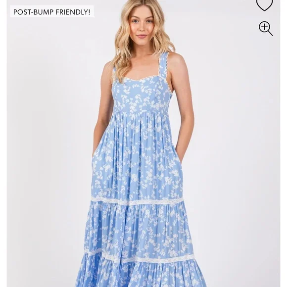 Pink Blush Light Blue Floral Lace Trim Tiered Maternity Maxi Dress - Picture 1 of 5